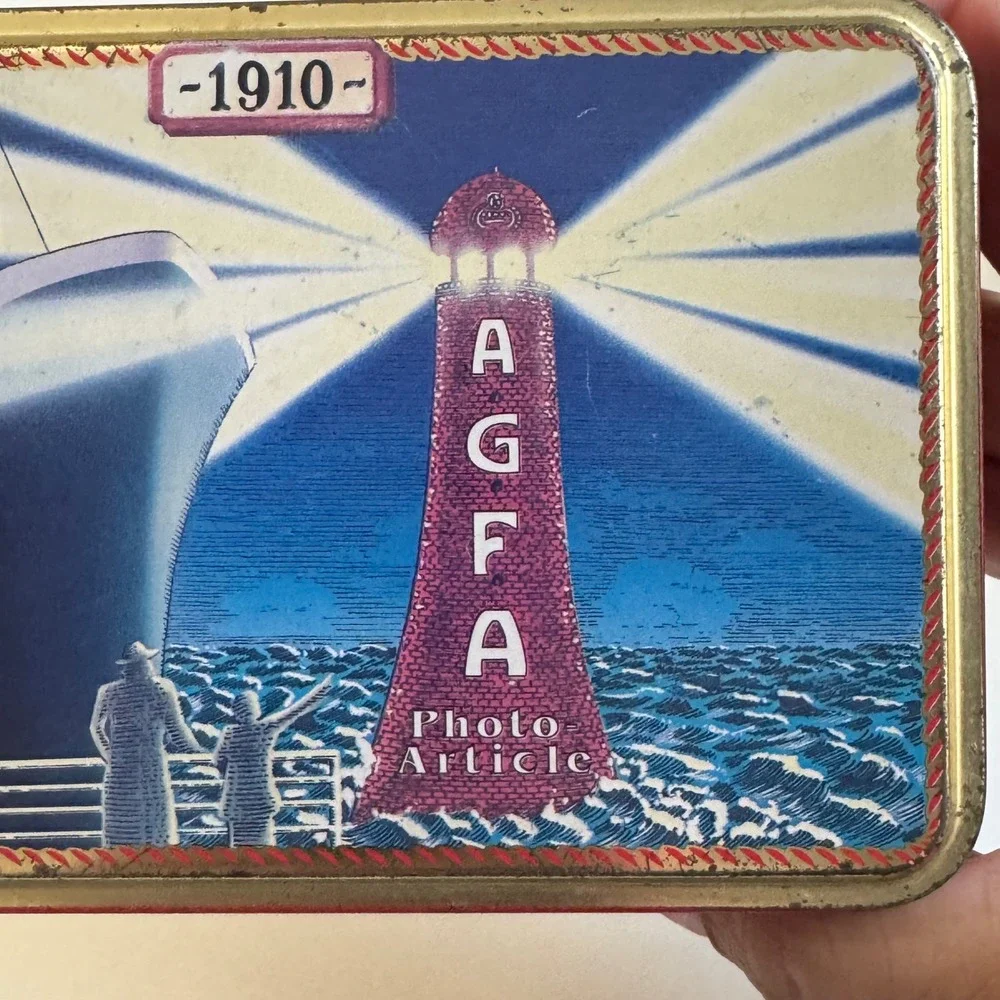Agfa Photo Article 1910 Steamship Lighthouse Vintage Style Red Metal Tin Box